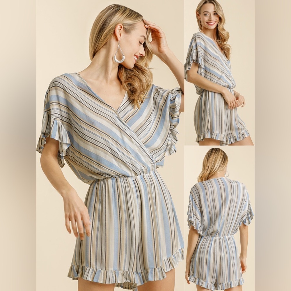 3-Pack Sky Blue & Gray Stripe Ruffle Surplice Romper